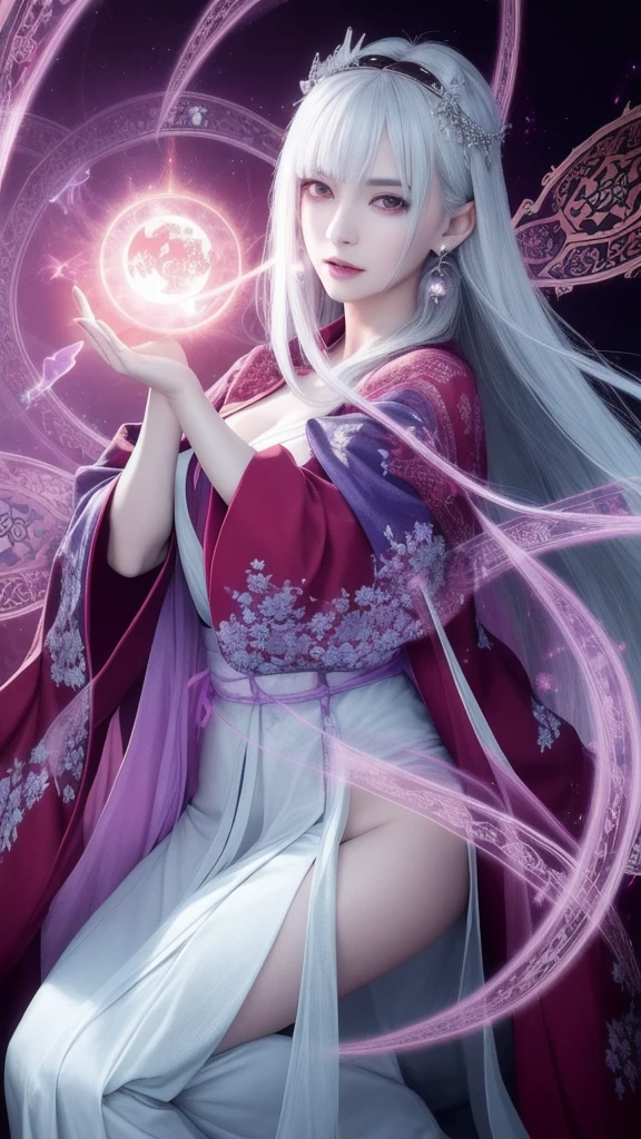 (masterpiece, top quality, 1 female, solo, exquisite detail, chromatic aberration), (realistic), (skin), ((breathing)), (silver hair, blunt bangs, cropped straight long hair, cropped bangs, silver hair), beautiful hair, red headdress, blue highlights, hair over one eye, purple eyes, full lips, earrings, piercing eyes, ((pink and white kimono)), ((symmetrical eyes)), ((perfectly symmetrical body)), ((perfectly symmetrical hands)), (purerosface_v1:0.3), night, (((self, natural light))), backlit, dim lighting, facing viewer, ((central shot, from the front, (face and waist))), mysterious atmosphere, fortune teller in kimono, beautiful fortune teller, fortune teller, dark Fantasy female fortune teller, female fortune teller, fantasy photography, magician, witch fairy tale, Japanese style, elegant cinematic fantasy art, fantasy woman, magician portrait, casting spells, fortune teller, not very sexy kimono, A powerful wizard stands in a mysterious forest. With fluttering robes adorned with symbols, outstretched arms, eyes glowing with mystical energy, spells leaking from his mouth, vivid, swirling patterns of dark magic appear in the air, pulsating with hues of red and blue. Magic permeates, flowers bloom, divine, creatures gaze in awe. Threads of magical energy dance, revealing hidden realms and unravelling secrets. Capture the essence of this enchanting moment and bring to life the mysterious power of dark magic on a canvas of the highest quality and finest detail. Highest Quality, Masterpiece, Ultra High Resolution, (Photorealistic: 1.4), RAW Photo, Sharp Focus, High Resolution, Detailed Skin,