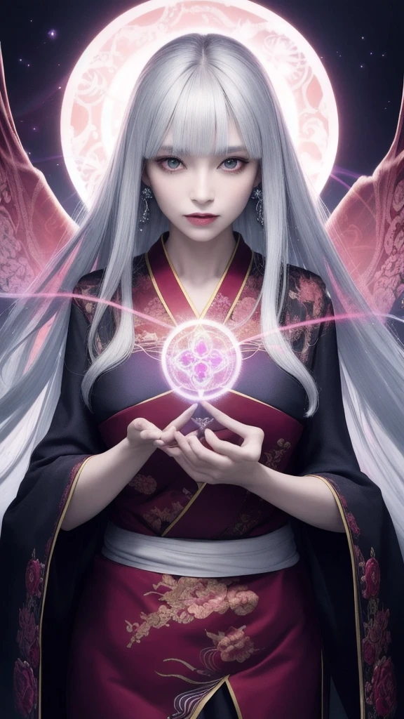 (masterpiece, top quality, 1 female, solo, exquisite detail, chromatic aberration), (realistic), (skin), ((breathing)), (silver hair, blunt bangs, cropped straight long hair, cropped bangs, silver hair), beautiful hair, red headdress, blue highlights, hair over one eye, purple eyes, full lips, earrings, piercing eyes, ((pink and white kimono)), ((symmetrical eyes)), ((perfectly symmetrical body)), ((perfectly symmetrical hands)), (purerosface_v1:0.3), night, (((self, natural light))), backlit, dim lighting, facing viewer, ((central shot, from the front, (face and waist))), mysterious atmosphere, fortune teller in kimono, beautiful fortune teller, fortune teller, dark Fantasy female fortune teller, female fortune teller, fantasy photography, magician, witch fairy tale, Japanese style, elegant cinematic fantasy art, fantasy woman, magician portrait, casting spells, fortune teller, not very sexy kimono, A powerful wizard stands in a mysterious forest. With fluttering robes adorned with symbols, outstretched arms, eyes glowing with mystical energy, spells leaking from his mouth, vivid, swirling patterns of dark magic appear in the air, pulsating with hues of red and blue. Magic permeates, flowers bloom, divine, creatures gaze in awe. Threads of magical energy dance, revealing hidden realms and unravelling secrets. Capture the essence of this enchanting moment and bring to life the mysterious power of dark magic on a canvas of the highest quality and finest detail. Highest Quality, Masterpiece, Ultra High Resolution, (Photorealistic: 1.4), RAW Photo, Sharp Focus, High Resolution, Detailed Skin,