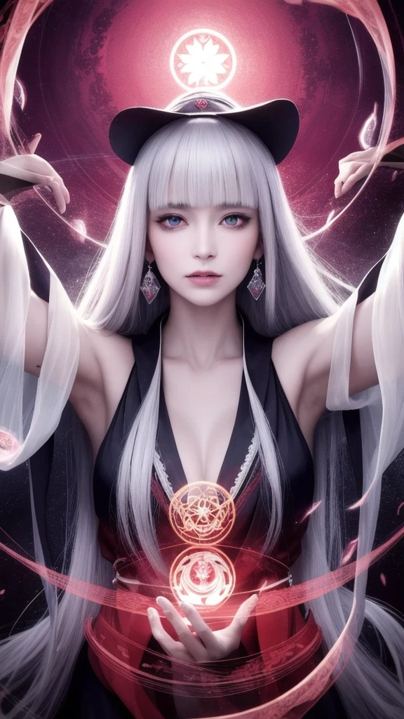 (masterpiece, top quality, 1 female, solo, exquisite detail, chromatic aberration), (realistic), (skin), ((breathing)), (silver hair, blunt bangs, cropped straight long hair, cropped bangs, silver hair), beautiful hair, red headdress, blue highlights, hair over one eye, purple eyes, full lips, earrings, piercing eyes, ((pink and white kimono)), ((symmetrical eyes)), ((perfectly symmetrical body)), ((perfectly symmetrical hands)), (purerosface_v1:0.3), night, (((self, natural light))), backlit, dim lighting, facing viewer, ((central shot, from the front, (face and waist))), mysterious atmosphere, fortune teller in kimono, beautiful fortune teller, fortune teller, dark Fantasy female fortune teller, female fortune teller, fantasy photography, magician, witch fairy tale, Japanese style, elegant cinematic fantasy art, fantasy woman, magician portrait, casting spells, fortune teller, not very sexy kimono, A powerful wizard stands in a mysterious forest. With fluttering robes adorned with symbols, outstretched arms, eyes glowing with mystical energy, spells leaking from his mouth, vivid, swirling patterns of dark magic appear in the air, pulsating with hues of red and blue. Magic permeates, flowers bloom, divine, creatures gaze in awe. Threads of magical energy dance, revealing hidden realms and unravelling secrets. Capture the essence of this enchanting moment and bring to life the mysterious power of dark magic on a canvas of the highest quality and finest detail. Highest Quality, Masterpiece, Ultra High Resolution, (Photorealistic: 1.4), RAW Photo, Sharp Focus, High Resolution, Detailed Skin,