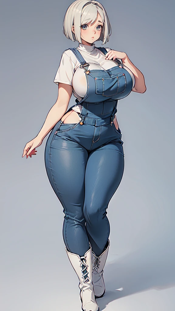 ((blank background)), masterpiece, best quality, silver hair, (curvy:1.7), (massive breast:1.5), ((full body framing)), (long legs:1.6), symmetry, farmer woman, (blue overalls), long boots, belt below navel, lumberjack shirt, (bobcut)