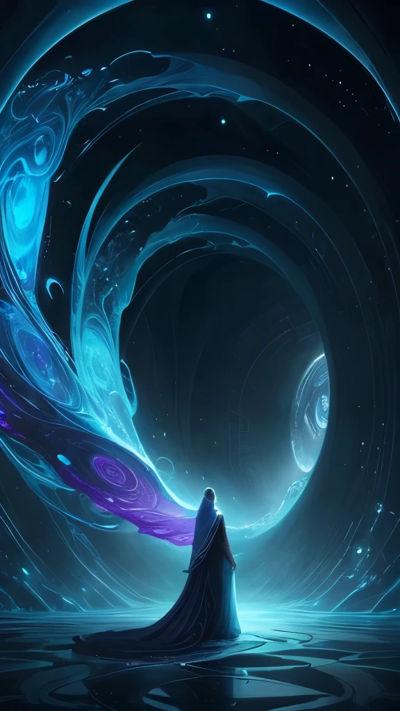 a woman in a long dress is standing in a swirling vortex, digital art inspired by tomasz alen kopera, tumblr, fantasy art, astral ethereal, flowing magical robe, channeling swirling energy, astral appearance, wearing flowing robes, portal to the ethereal realm, ethereal and otherworldly, strange ethereal being, flowing robes, swirling magical energy