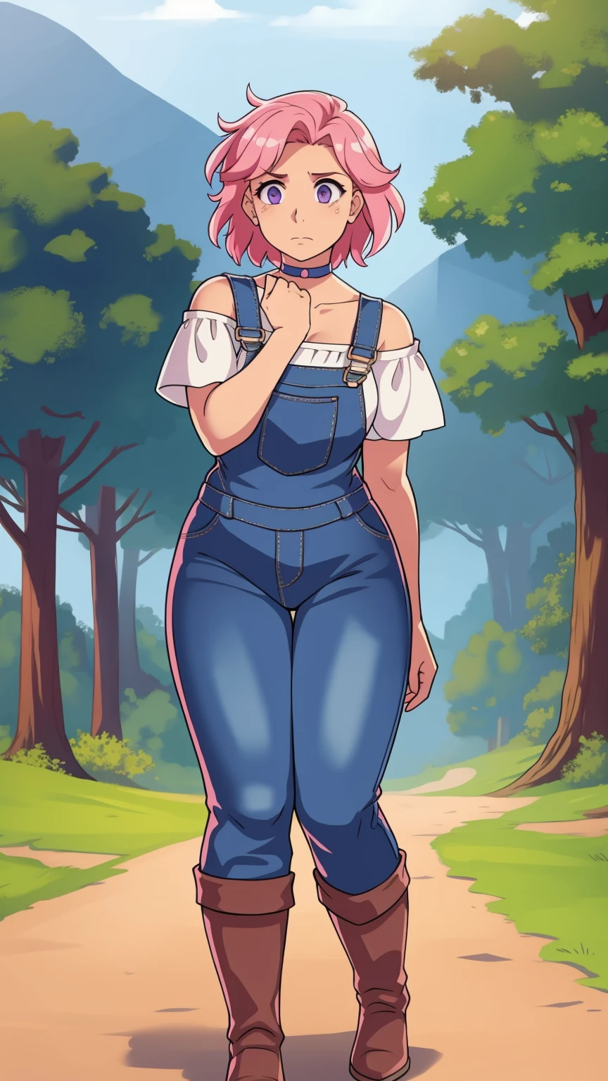 Worried, Nervous, sad, farm backround, Full body, looking at viewer, 1girl, solo, short pink hair, (dark blue choker), (dark blue denim overalls), (purple eyes), (pink boots), (white shoulder lantern sleeve blouse, tucked in pants