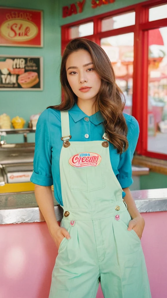 Portrait MagMix Girl look at camera, long hair, Overalls, Retro ice cream parlor with pastel-colored walls, a classic soda fountain counter, and vintage ice cream posters, bathed in bright sunlight, analog film photo, Kodachrome, pale skin, Korean girl, beautiful girl, (outfit: angel point Elle shrug in mint, angel pant mint, logo baby tee,