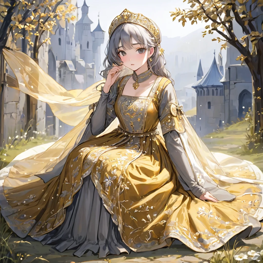 girl, Gold and silver embroidery, Platinum and pearl medieval long dress（With panniers）, Translucent fabric, Pull up the dress by hand, Strong winds, Translucent slip, Grey translucent tights, Peeking from below, Highest quality, Disorder of clothing, sit