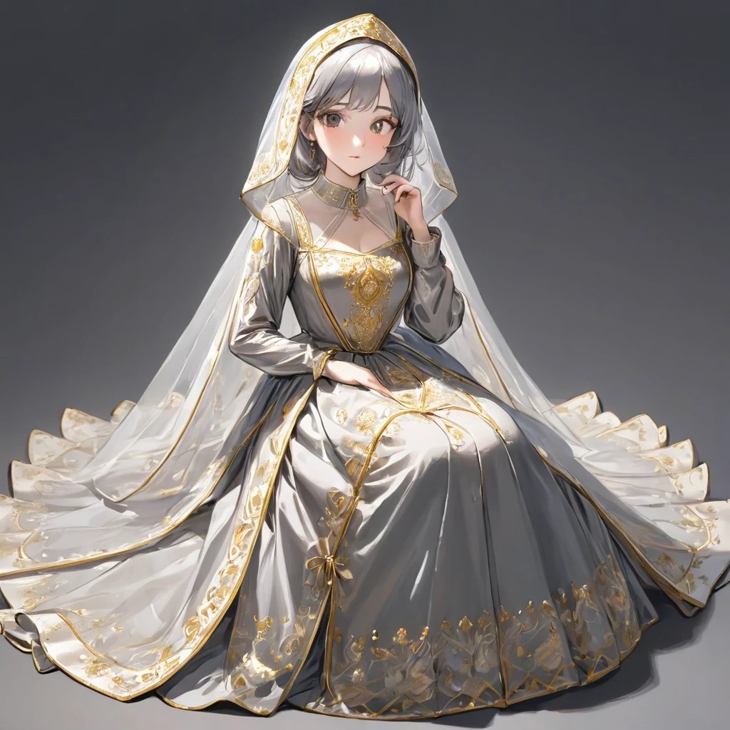 girl, Gold and silver embroidery, Platinum and pearl medieval long dress（With panniers）, Translucent fabric, Pull up the dress by hand, Strong winds, Translucent slip, Grey translucent tights, Peeking from below, Highest quality, Disorder of clothing, sit