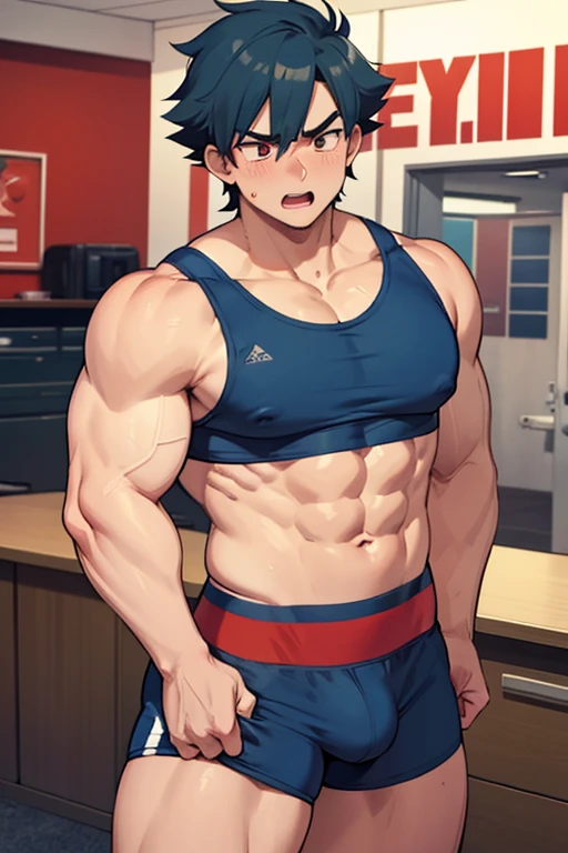 Ash Ketchum and from Pokémon flexing his biceps in a coach's office at the coach's orders under hypnosis with glowing red eyes as he grows into big dumb sweaty hairy muscular football jock bro with a flat top buzzcut haircut. Hyper muscles. Massive muscles. Big biceps. Big triceps. Big traps. Broad shoulders. Big pecs. Bulging crotch. Hyper crotch bulge. Dumber and dumber. Blank stare with open mouth while saying, "I am a dumb jock.... I obey.... Dumber and dumber.... Yes, Coach.... I'm your player, Coach. Whatever you say.... Dumb jocks must obey.... Flex, ... grow, ... and obey.... Huhuhuhuh.... Bro...." Slumped shoulders. Hypnosis. Brainwashing. Bigger and dumber jock bro. Assimilation. Transformation into big dumb muscular jock bro. Slumped shoulders. Massive crotch bulge. Bulging glutes. Thick stubble. Hairy armpits. Repeating triggers to be dumber and dumber each time he says them to think and focus only on growing muscle and being the perfect football jock. Dimwit. Dullard. Bro. Stupid. Musclehead. Mass hypnosis. Entranced.