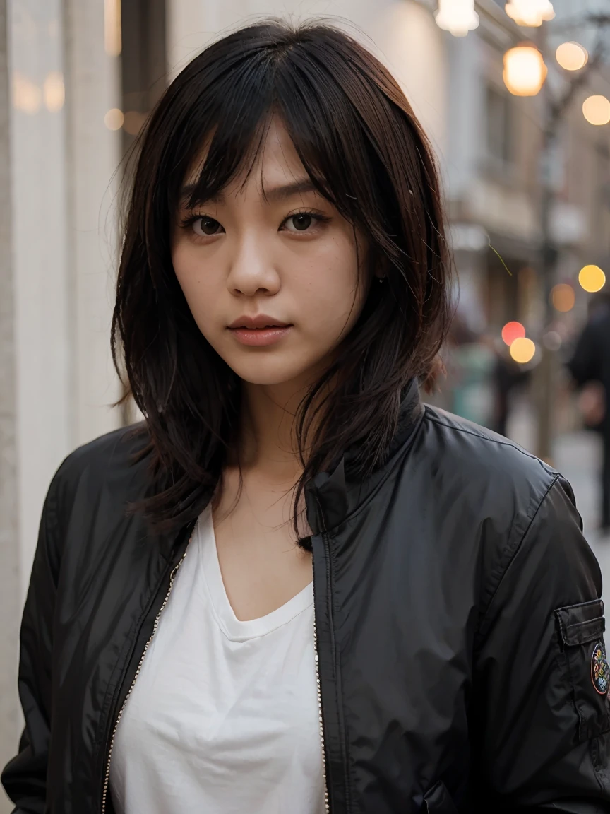 Asian girls hair bob bangs Black jacket rockstar