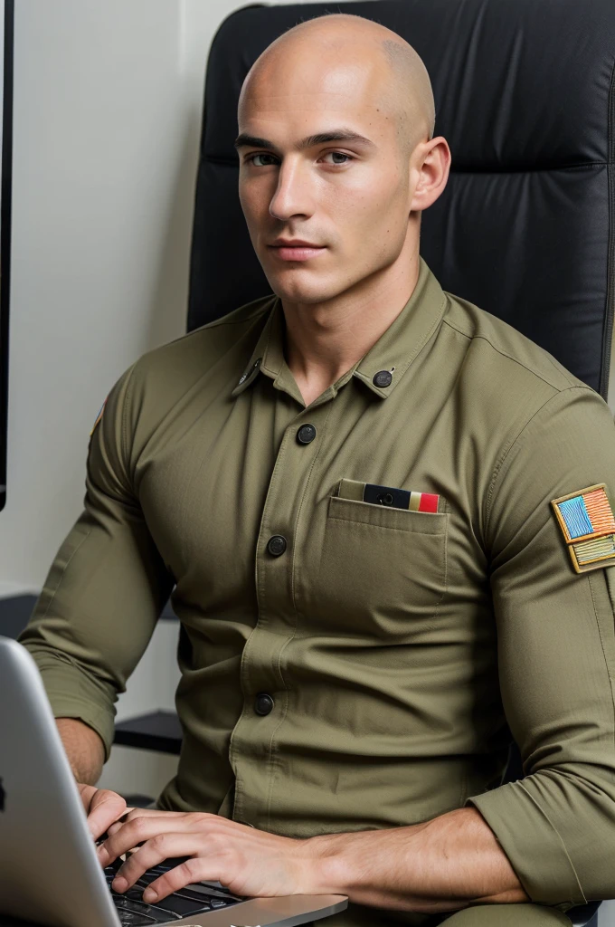 ((8k ((best quality)), ((masterpiece)), (very detailed), real face bald male muscular male full body wear soldier suit working on laptop at office