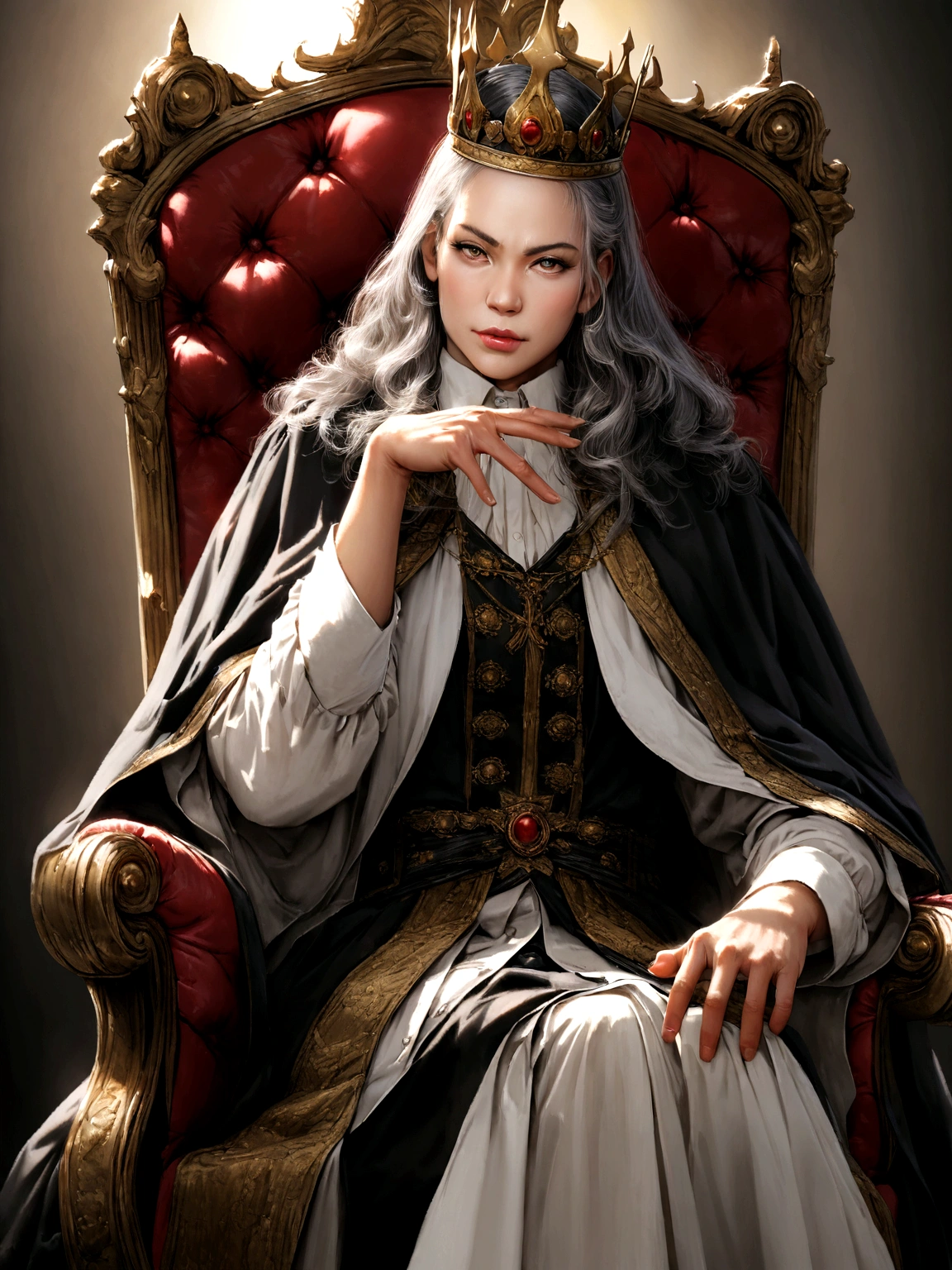 Same face , sit on king chair , king clothes, style pose,16k ,ultra realistic,