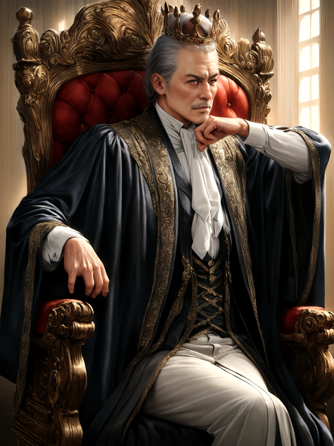 Same face , sit on king chair , king clothes, style pose,16k ,ultra realistic,