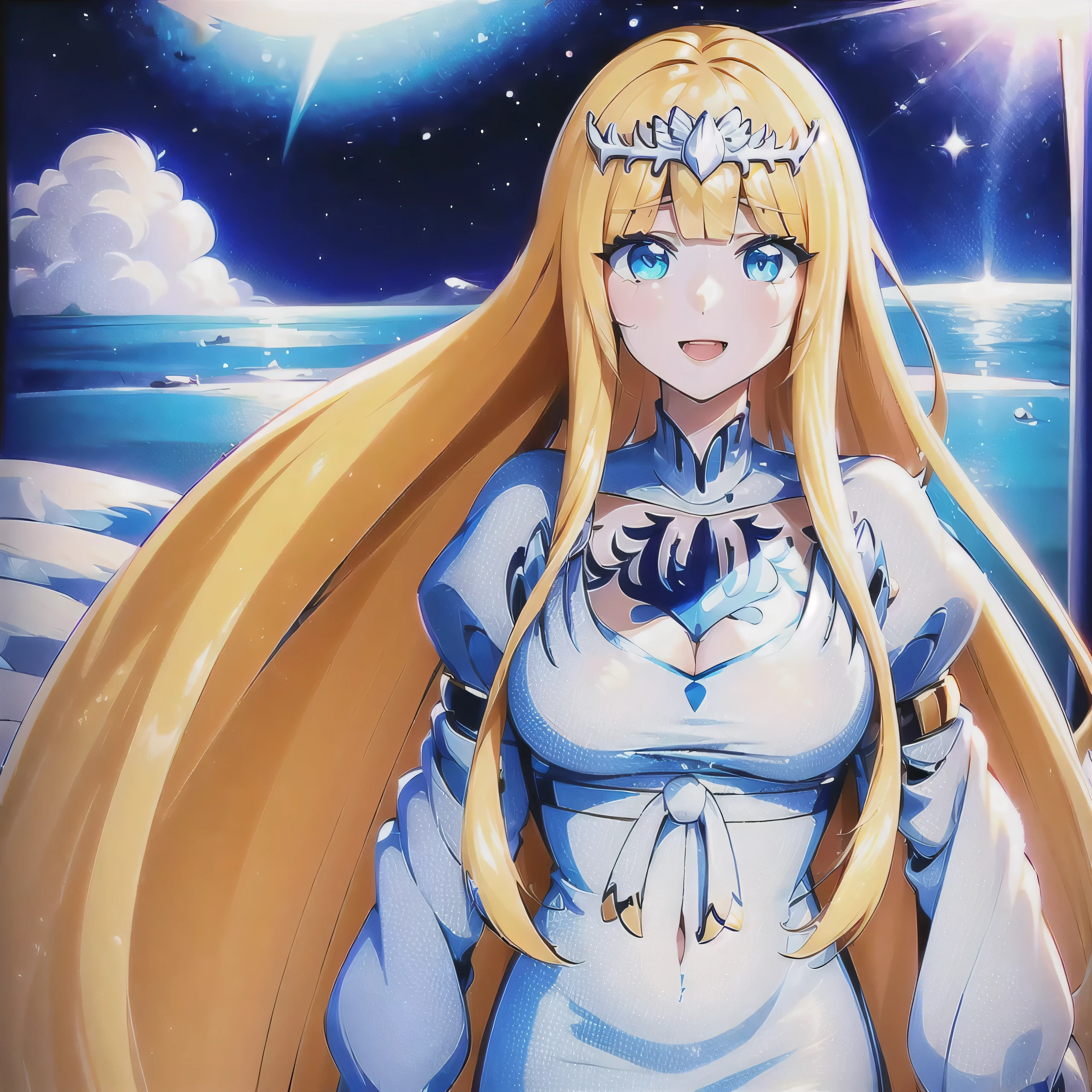 looking_at_viewer,:d,sweeping, 1girl, solo, Calca, Calca Bessarez, blonde hair, (extremely long hair:1.3), very long hair, white tiara, white dress, blue eyes, medium chest, long straight hair, mature female, 25 years old,
