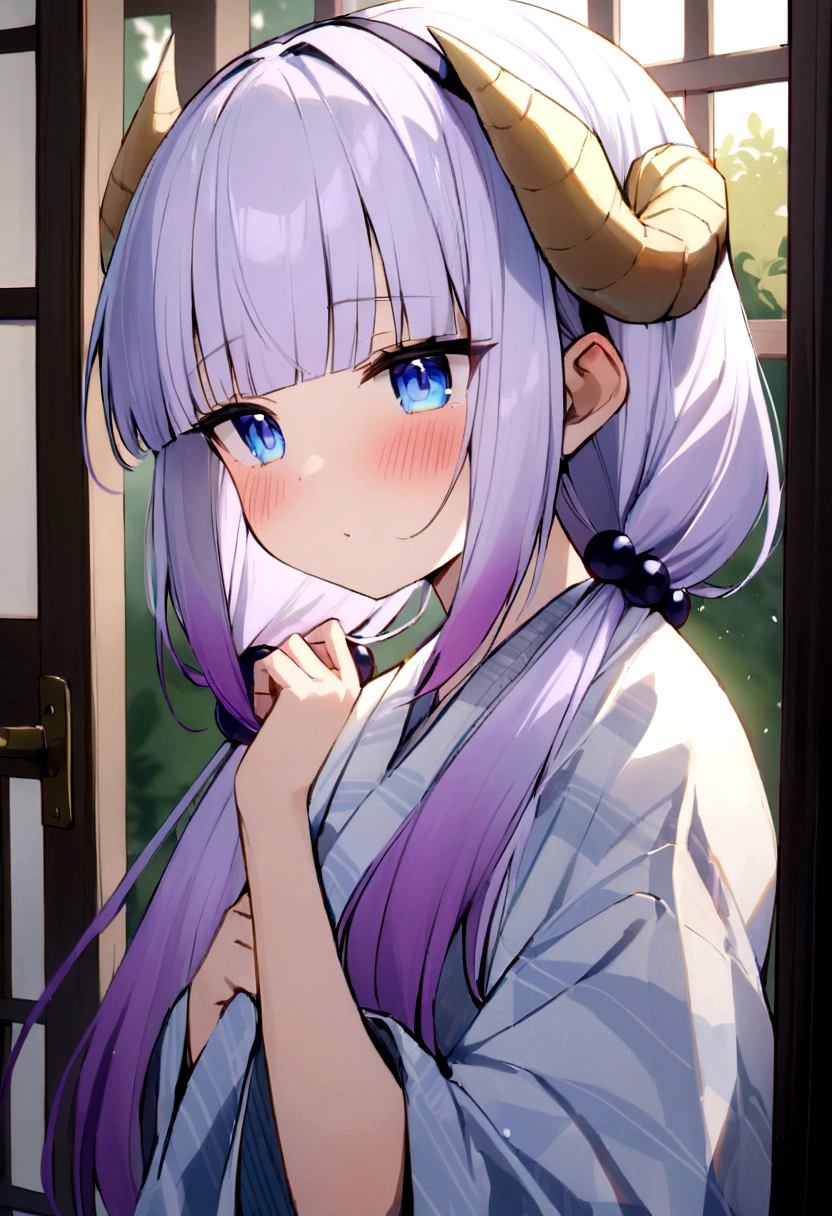 best quality, masterpiece, highres, solo, {yukata:1.40}, {kimono:1.20}, {kanna_kamui_kobayashisanchinomaidragon:1.15}, long_hair, light_purple_hair, blue_eyes, hair_ornament, bangs, blush, multicolored_hair, twintails, blunt_bangs, hair_beads, beads, hairband, gradient_hair, low_twintails, horns, dragon_horns, purple_hair