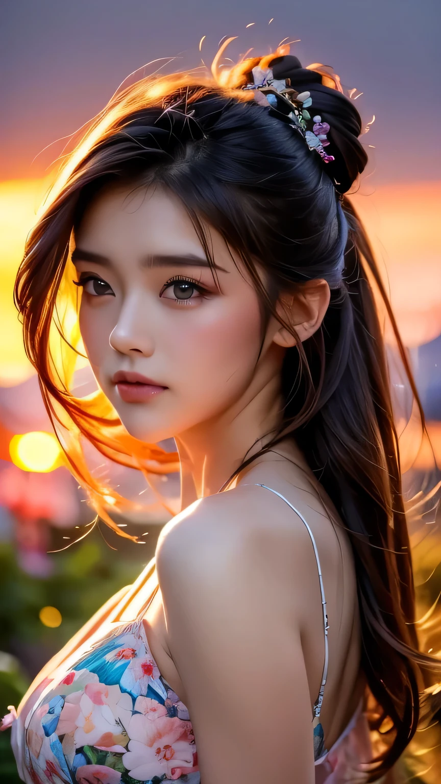 masterpiece, (最high quality), ((Most detailed)), Depth of written boundary, Beautiful girl, Beautiful Face, nature, Spirit, flower, Colorful sunset landscape, Flowers, butterfly, Glowing Dress, element, Random hairstyle,masterpiece, 最high quality, high quality, High resolution, Big Tits, ((Upper body portrait)), Random pose、Upper body portrait