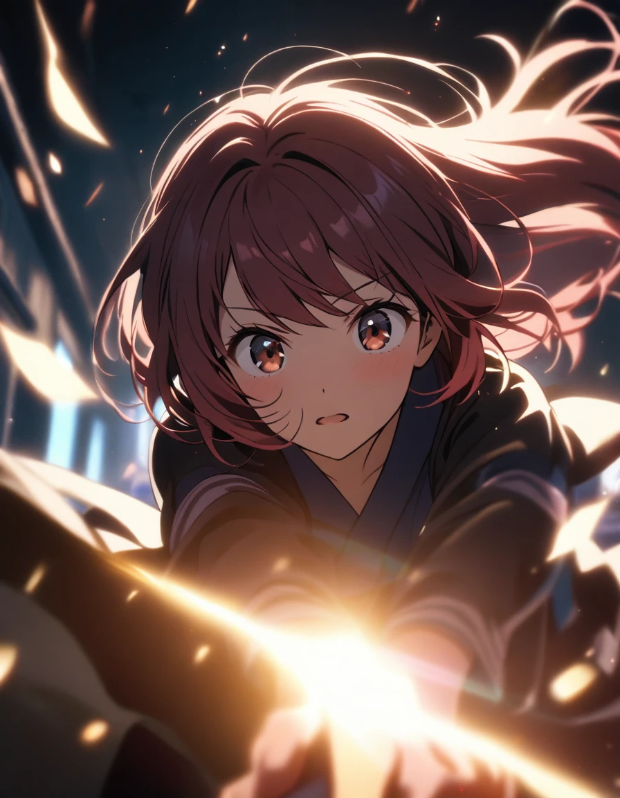 (Tamaki Iroha), (cinematic lighting), (( girl, pov, hetero, )), flying hair, action,