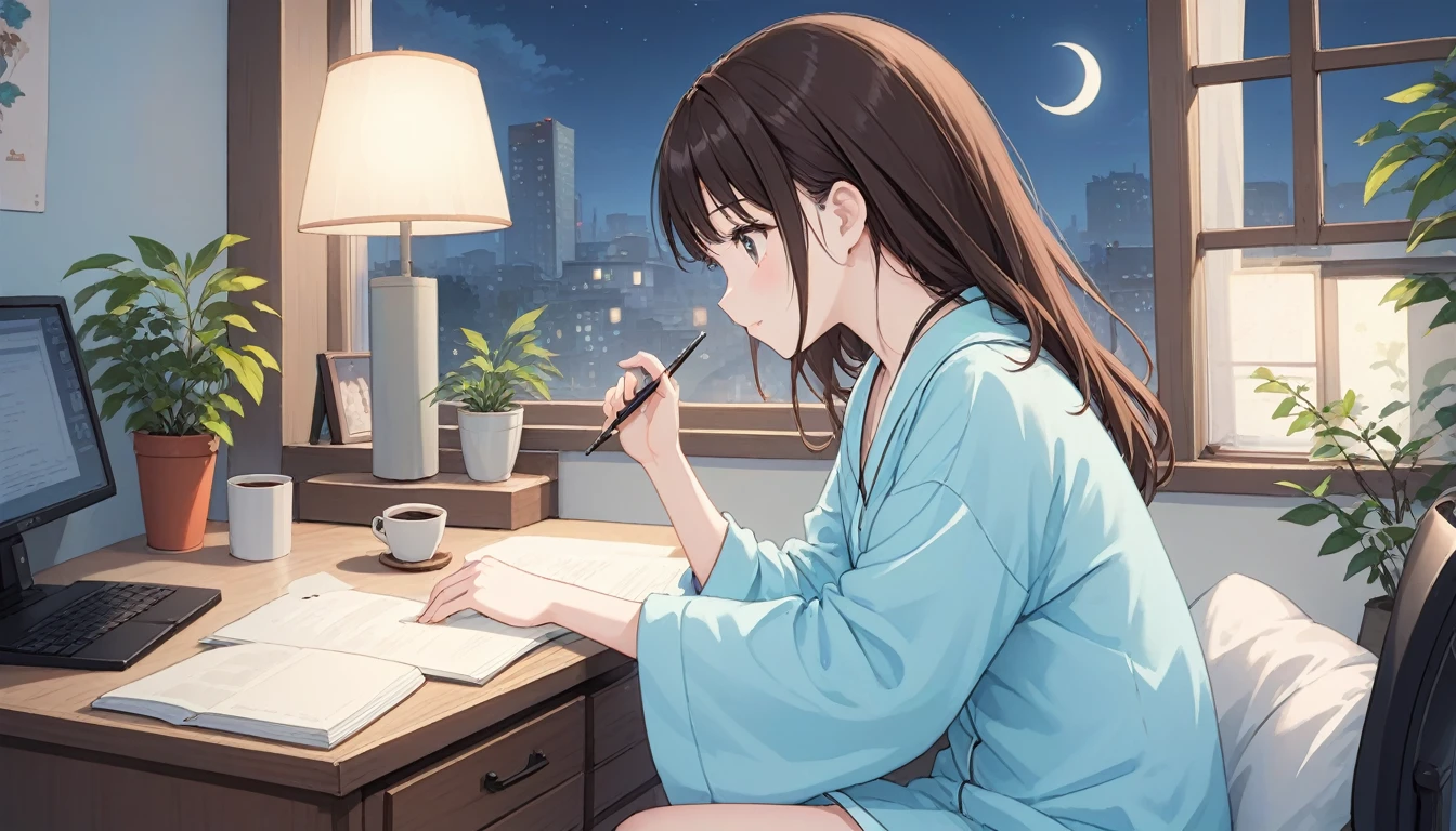 figure, Japanimation Style, super high quality, white, green, Light blue, The refreshing early summer season, night,Crescent Moon, Tokyo, Japanese, Brown Hair,、Loungewear, machine、cute, beautiful girl, Profile close-up, My Room, Machine by the wall, Study while sitting in a chair, Hold the pen in your right hand, Looking at the notebook PC, headphone,The window is open, moonlight,Desk lamp light,Coffee on the machine