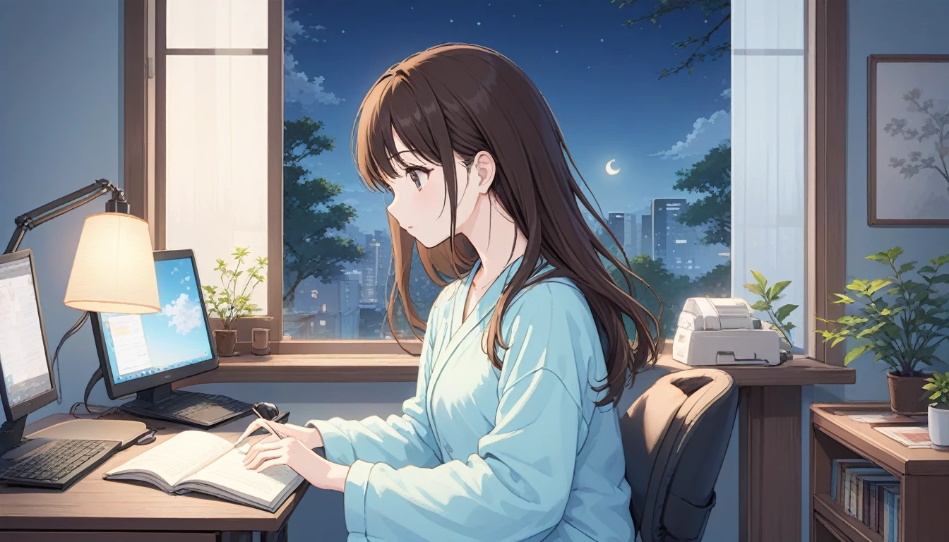 figure, Japanimation Style, super high quality, white, green, Light blue, The refreshing early summer season, night,Crescent Moon, Tokyo, Japanese, Brown Hair,、Loungewear, machine、cute, beautiful girl, Profile close-up, My Room, Machine by the wall, Study while sitting in a chair, Hold the pen in your right hand, Looking at the notebook PC, headphone,The window is open, moonlight,Desk lamp light,Coffee on the machine