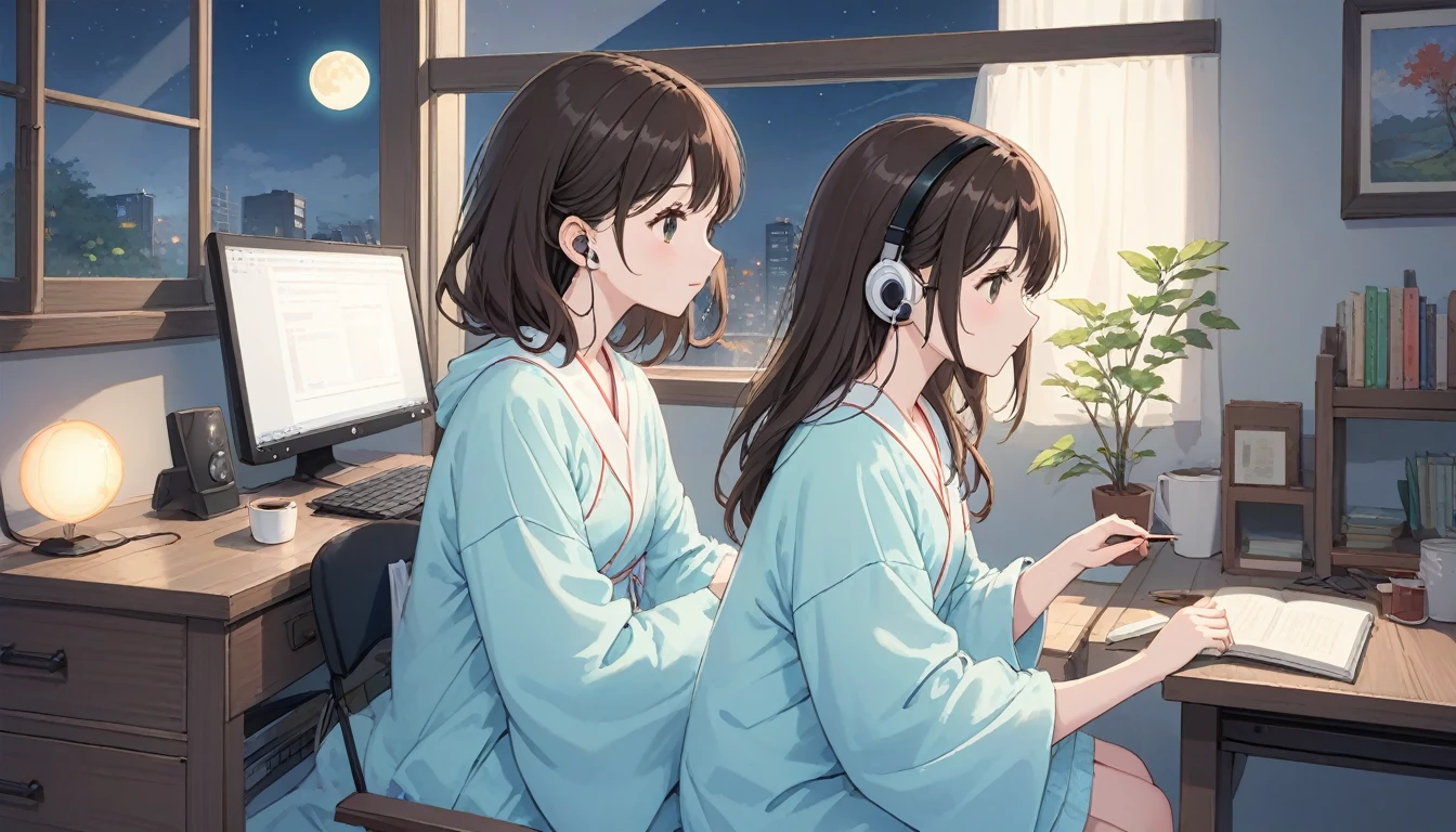 figure, Japanimation Style, super high quality, white, green, Light blue, The refreshing early summer season, night,Crescent Moon, Tokyo, Japanese, Brown Hair,、Loungewear, machine、cute, beautiful girl, Profile close-up, My Room, Machine by the wall, Study while sitting in a chair, Hold the pen in your right hand, Looking at the notebook PC, headphone,The window is open, moonlight,Desk lamp light,Coffee on the machine