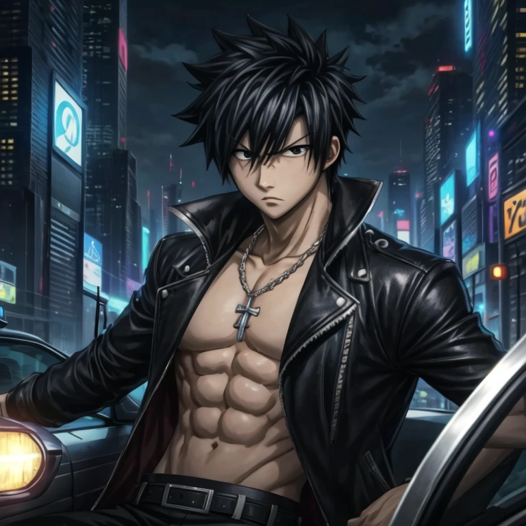masterpiece, best quality, wallpaper, 1boy, solo, male focus, looking at viewer, , depth of field, anime coloring, , gray_fullbuster, black hair, black eyes, spiked hair, , , taxi driver costume, science fiction detective,