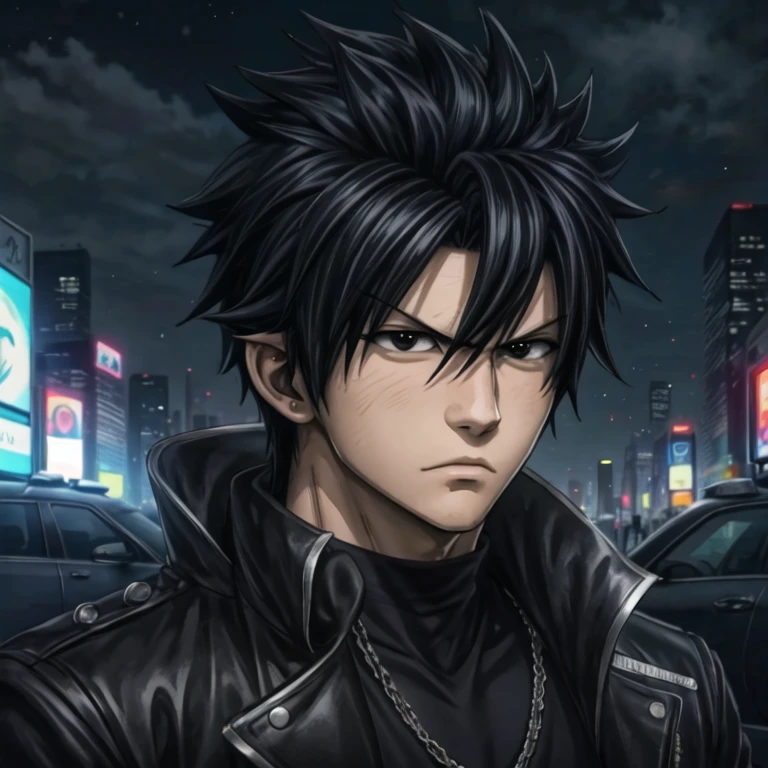 masterpiece, best quality, wallpaper, 1boy, solo, male focus, looking at viewer, , depth of field, anime coloring, , gray_fullbuster, black hair, black eyes, spiked hair, , , taxi driver costume, science fiction detective,