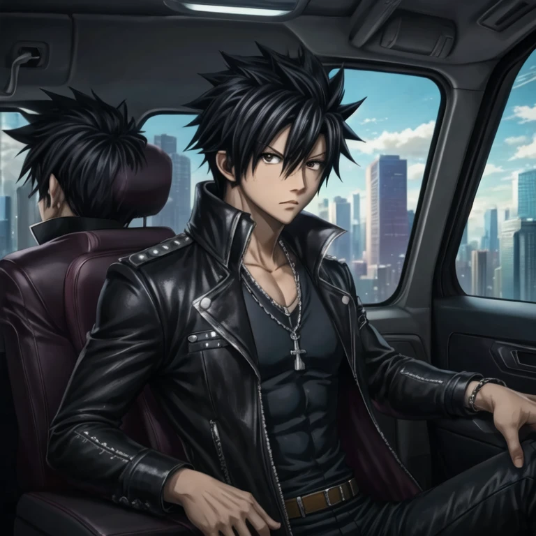 masterpiece, best quality, wallpaper, 1boy, solo, male focus, looking at viewer, , depth of field, anime coloring, , gray_fullbuster, black hair, black eyes, spiked hair, , , taxi driver costume, science fiction detective,