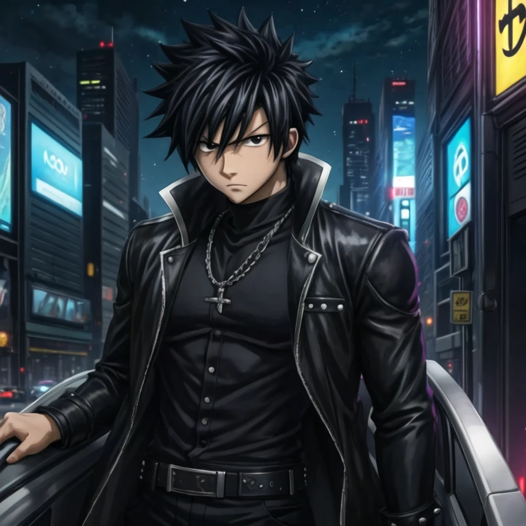 masterpiece, best quality, wallpaper, 1boy, solo, male focus, looking at viewer, , depth of field, anime coloring, , gray_fullbuster, black hair, black eyes, spiked hair, , , taxi driver costume, science fiction detective,