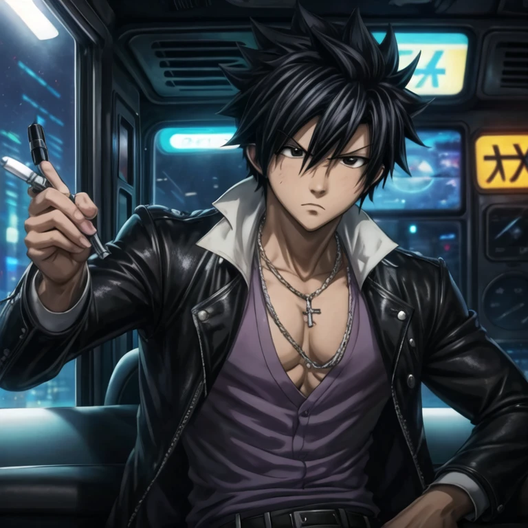 masterpiece, best quality, wallpaper, 1boy, solo, male focus, looking at viewer, , depth of field, anime coloring, , gray_fullbuster, black hair, black eyes, spiked hair, , , taxi driver costume, science fiction detective,