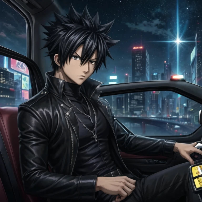 masterpiece, best quality, wallpaper, 1boy, solo, male focus, looking at viewer, , depth of field, anime coloring, , gray_fullbuster, black hair, black eyes, spiked hair, , , taxi driver costume, science fiction detective,