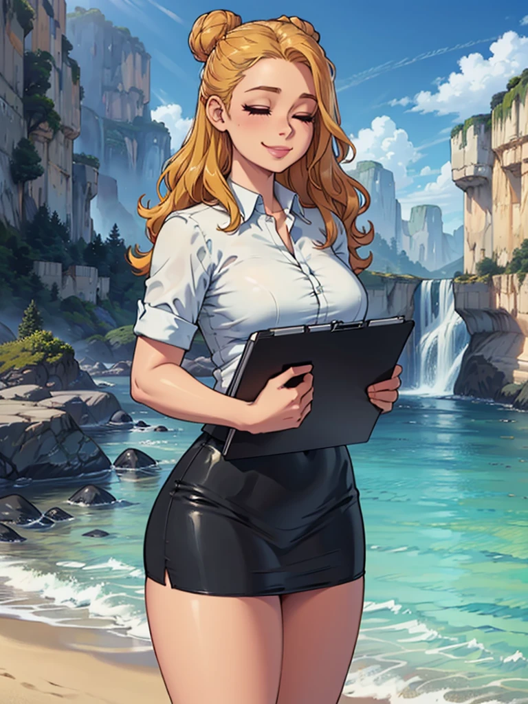 ((art by Kipteitei)), ((Masterpiece, best quality, perfect lighting, amazing shading)), (perfect anatomy, realistic proportions), field of depth, extremely beautiful, 1girl, (blond hair), long wavy hair, hair bun, closed eyes, pencil skirt, dress shirt, black tights, huge smile, ((holding a clipboard tight)), legs together, beach background with cliff and waterfall, detailed background, (cowboy shot),