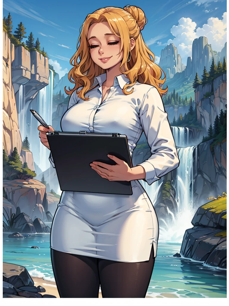 ((art by Kipteitei)), ((Masterpiece, best quality, perfect lighting, amazing shading)), (perfect anatomy, realistic proportions), field of depth, extremely beautiful, 1girl, (blond hair), long wavy hair, hair bun, closed eyes, pencil skirt, dress shirt, black tights, huge smile, ((holding a clipboard tight)), legs together, beach background with cliff and waterfall, detailed background, (cowboy shot),
