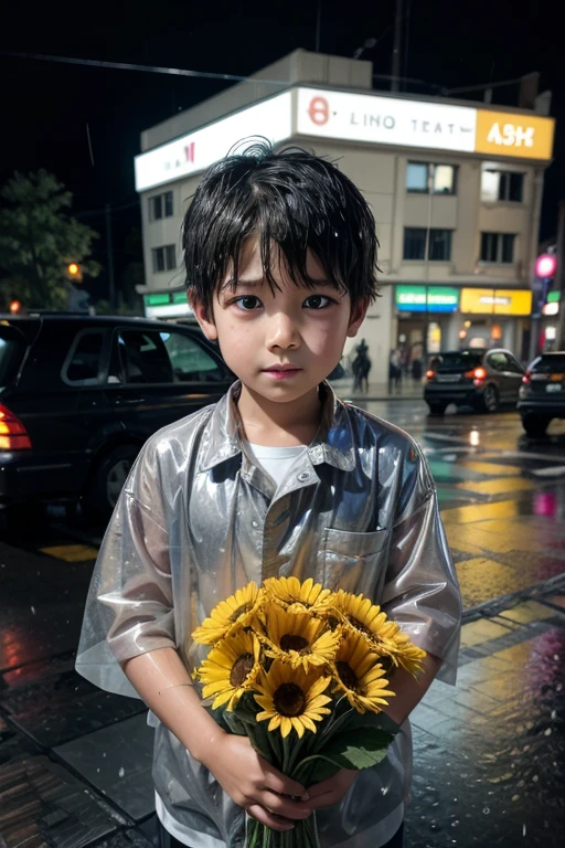poor 6 year old boy selling flowers in the rain at a traffic light