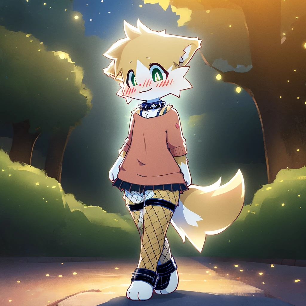 art by dagasi, (solo:1.5), Best Quality, Masterpiece, (Absurdres:), Detailed, Ultra-Detailed, Digital Art, correct anatomy, arms in correct position, full body, (high quality, high res, 4k:1.2), (kid:1.5), (small, youthful), rolo, furry, small, (kid female:1.3), fluffy, light orange fur, green cat eyes, (beautiful eyes), juicy thighs, flushed, embarrassed, small nervous smile, blushing, fluffy tail, eyelashes, slightly enjoying, walking through the park, on a very dark night, very dark, no light, only wearing fishnet stockings, (wearing fishnet sleeves:1.2), (red collar:1.2), (spiked collar:1.1), SFW