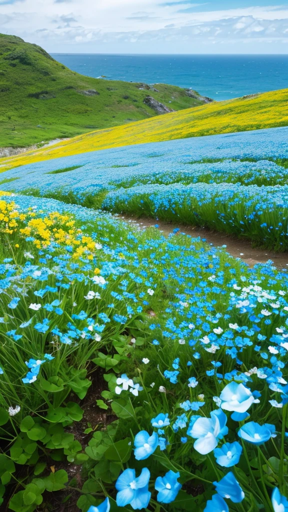 Outdoor, flower, scenery, Day, White Nemophila, null, Ocean, wood, water, blue null, Grass, alone, Are standing, Field, yellow flower, Wide Shot