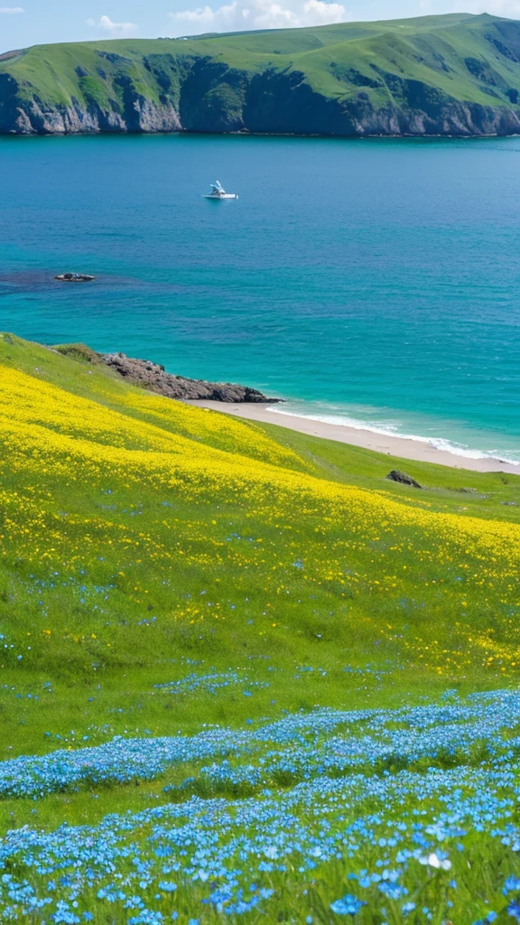 Outdoor, flower, scenery, Day, White Nemophila, null, Ocean, wood, water, blue null, Grass, alone, Are standing, Field, yellow flower, Wide Shot