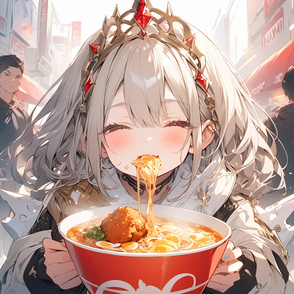 A with a princess tiara slurping ramen. Fried chicken is delicious.