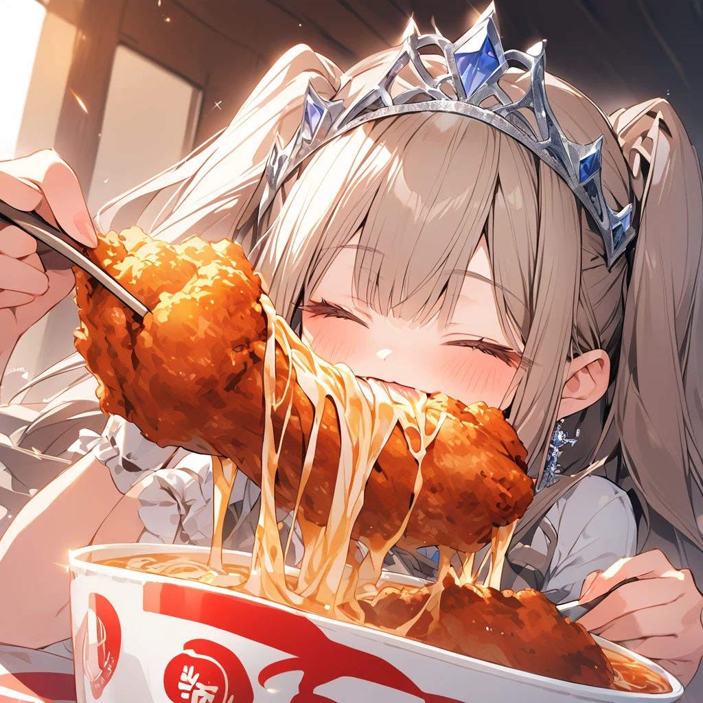 A with a princess tiara slurping ramen. Fried chicken is delicious.