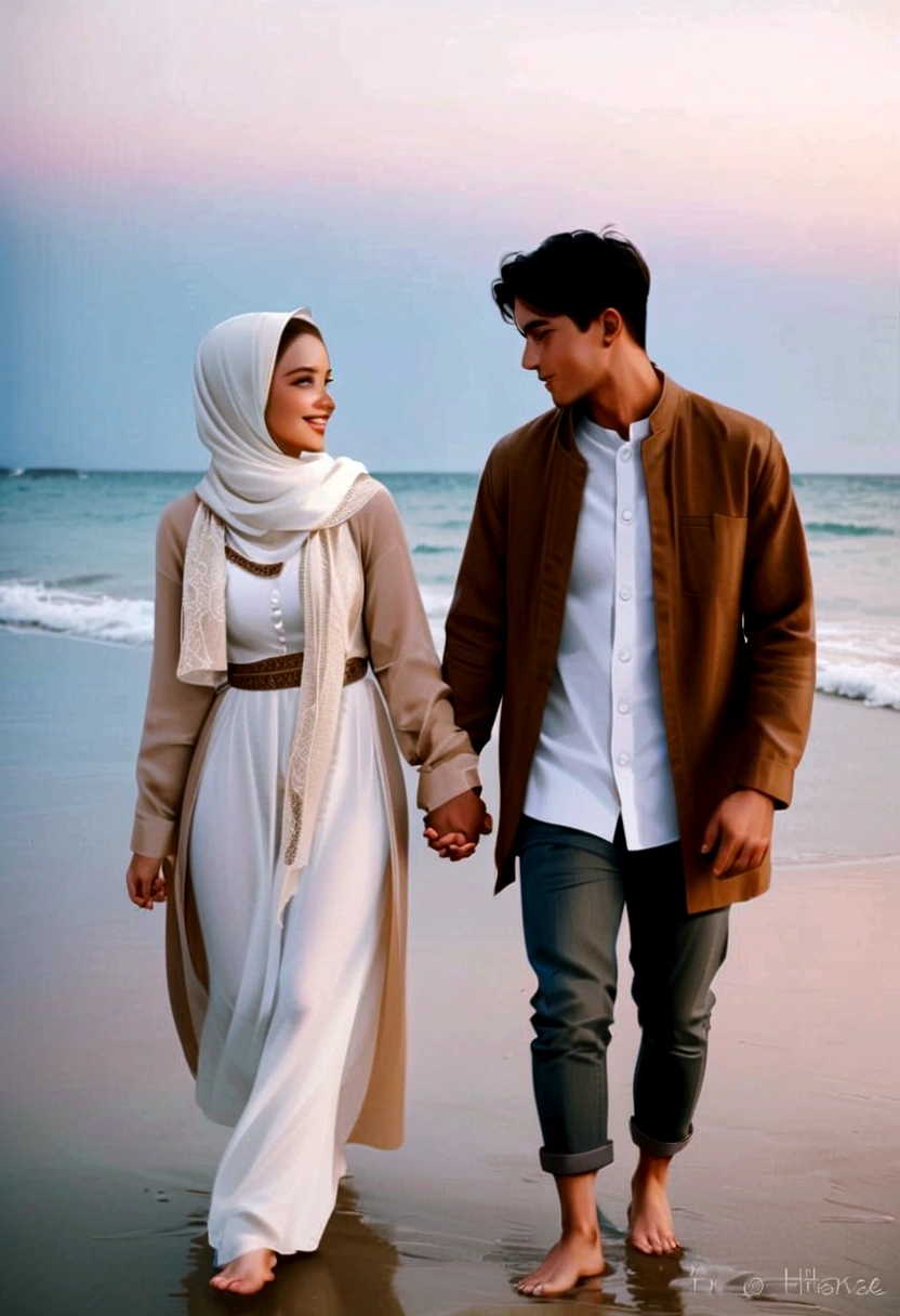 a man and woman walking on the beach holding hands, lovely couple, romantic couple, man and woman walking together, attractive girl, couple walking hand in hand, happy couple, couple, muslim, dressed with long fluent clothes, white hijab, couple pose, looking at each other mindlessly, casual modern clothing, in romantic style, intertwined full body view