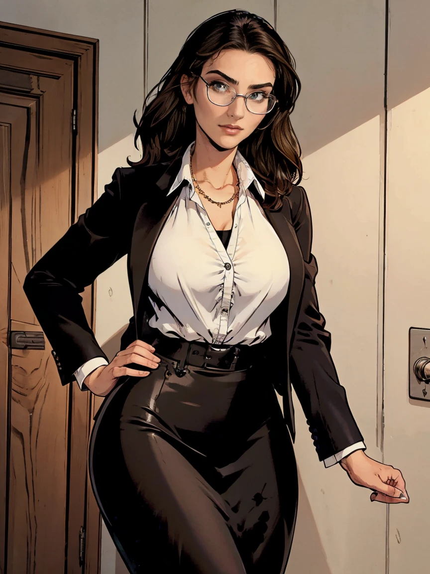 Gorgeous and sultry busty athletic (thin) brunette with sharp facial features wearing a black blazer, white blouse and black pencil skirt, glasses