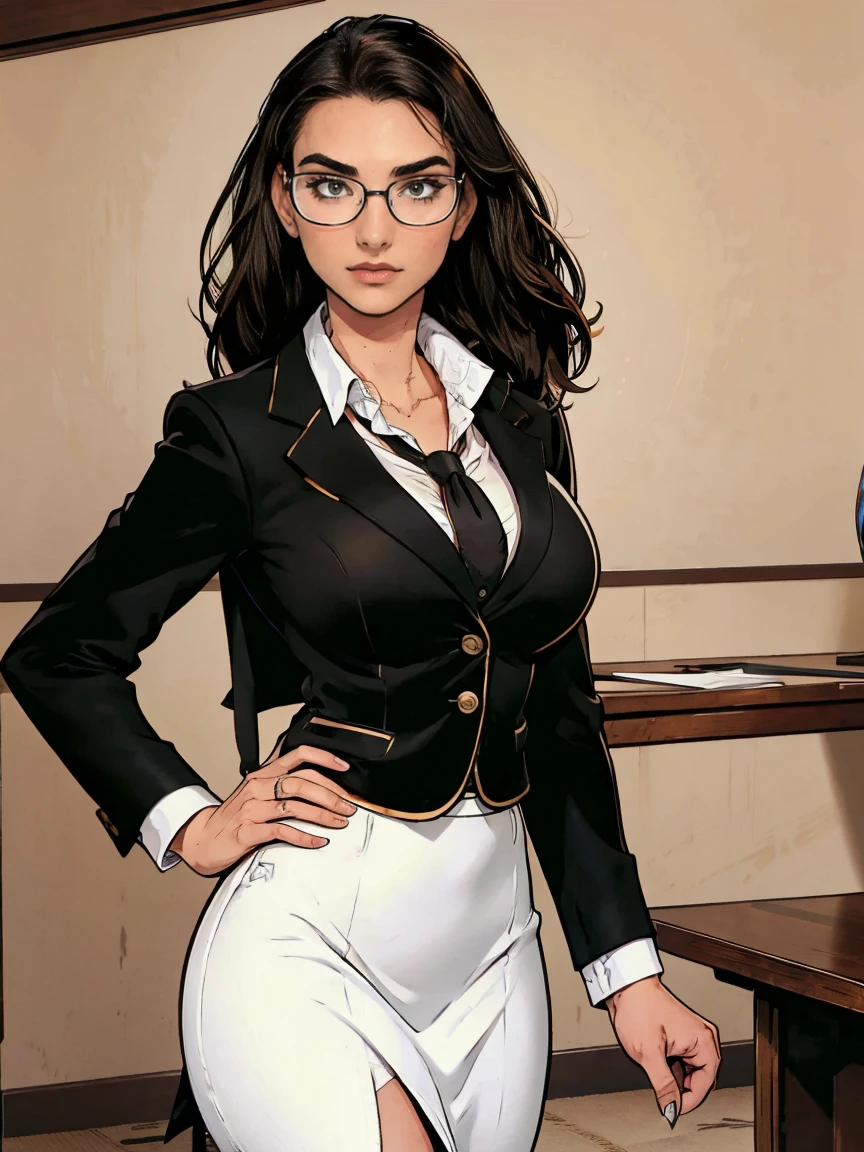 Gorgeous and sultry busty athletic (thin) brunette with sharp facial features wearing a black blazer, white blouse and black pencil skirt, glasses