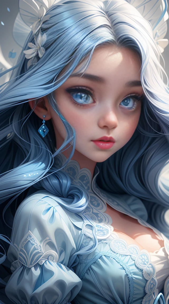 (1 Cute girl), (long blue curly hair), grey eyes, in a beautiful blue lace dress. White skin, splat art Background, eye_Detail, Background_Detail, face_Detail, hair_Detail, more_Detail, add_Detail, add Detailed, Cute_face,