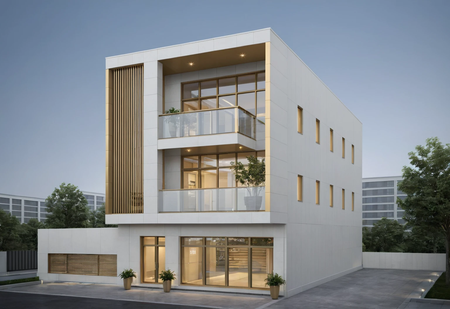 Raw photo,Masterpiece, high quality, best quality, authentic, super detail, modern style, aiaigroup,office building, decorative bars, decorative louvers, sun louvers, aluminum wall cladding, gold aluminum, glass railing,outdoors, tree, building, scenery, city, road, real world location, treet, window, balcony, glass railing, on the street, minimalist line, daylight, realistic