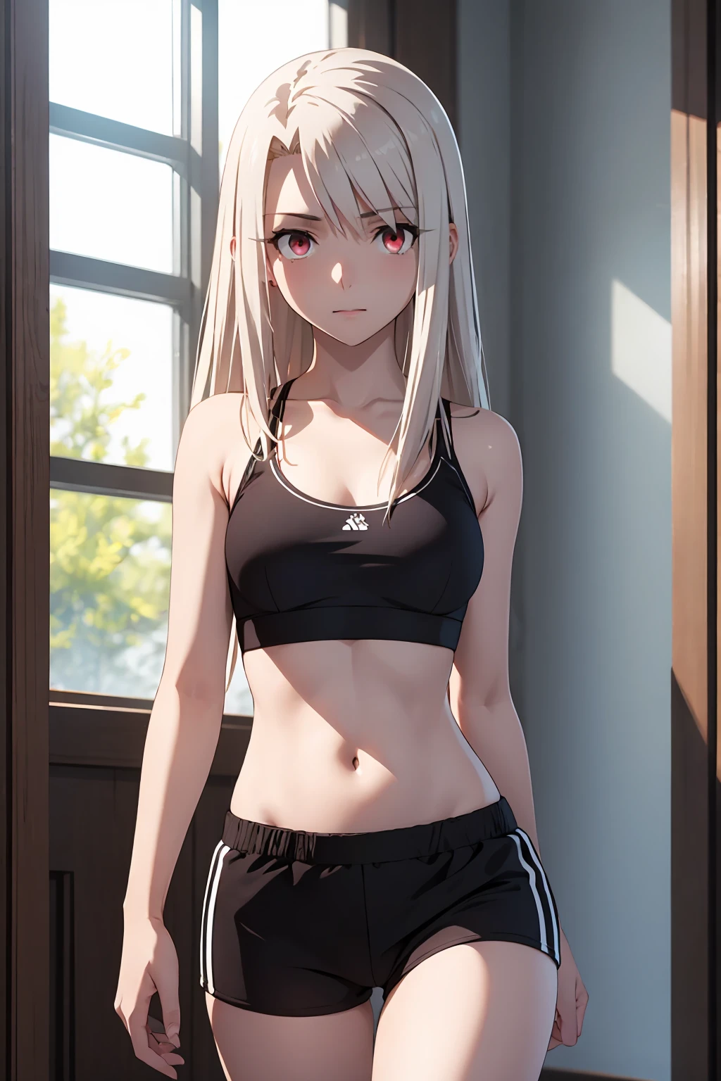 NSFW(Highest quality:1.5, High resolution, 超High resolution, 4K, Detailed lighting, Shaders)(masterpiece:1.2), Very detailed, destiny/Background of the stay, indoor, Illyasviel von Einzbern　alone, Cowboy Shot,Long Hair, Gray Hair, Red eyes, Sports bra with a small area　Latex shorts