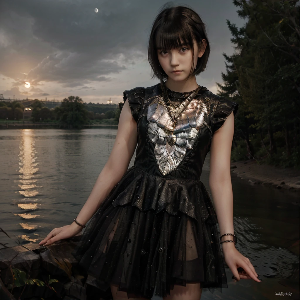 1girl,18 years old,nude,full body,balck hair,bob cut,brown eyes,beautiful face, pale skin,skinny,
earrings,necklace,bracelet,lakeside,night,moon,