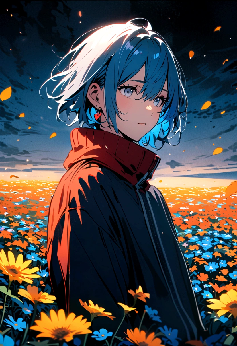 Short blue two-block hair, Grey Eyes, Unisex clothing,Red earrings,Adult male,Flower Field