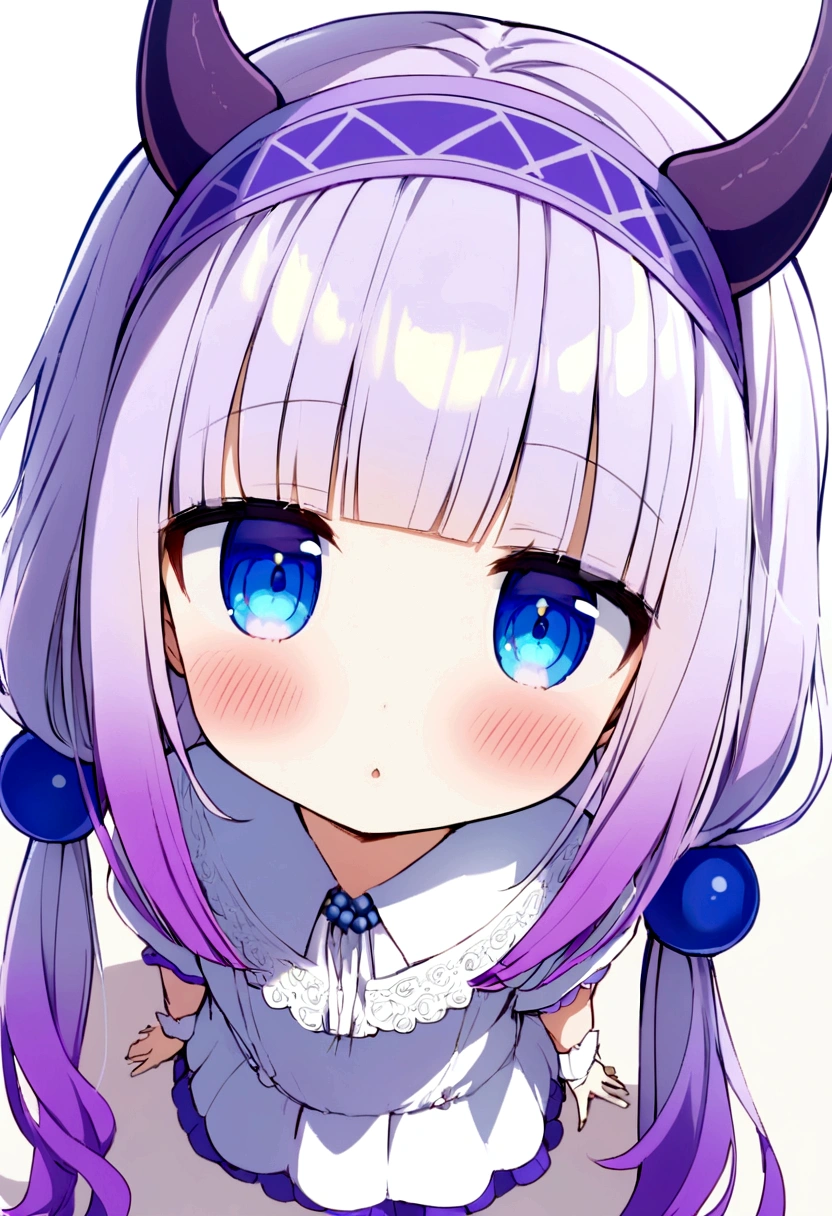  {kanna_kamui_kobayashisanchinomaidragon:1.15}, long_hair, light_purple_hair, blue_eyes, hair_ornament, bangs, blush, multicolored_hair, twintails, blunt_bangs, hair_beads, beads, hairband, gradient_hair, low_twintails, horns, dragon_horns, purple_hair,child's build,bird's-eye view
