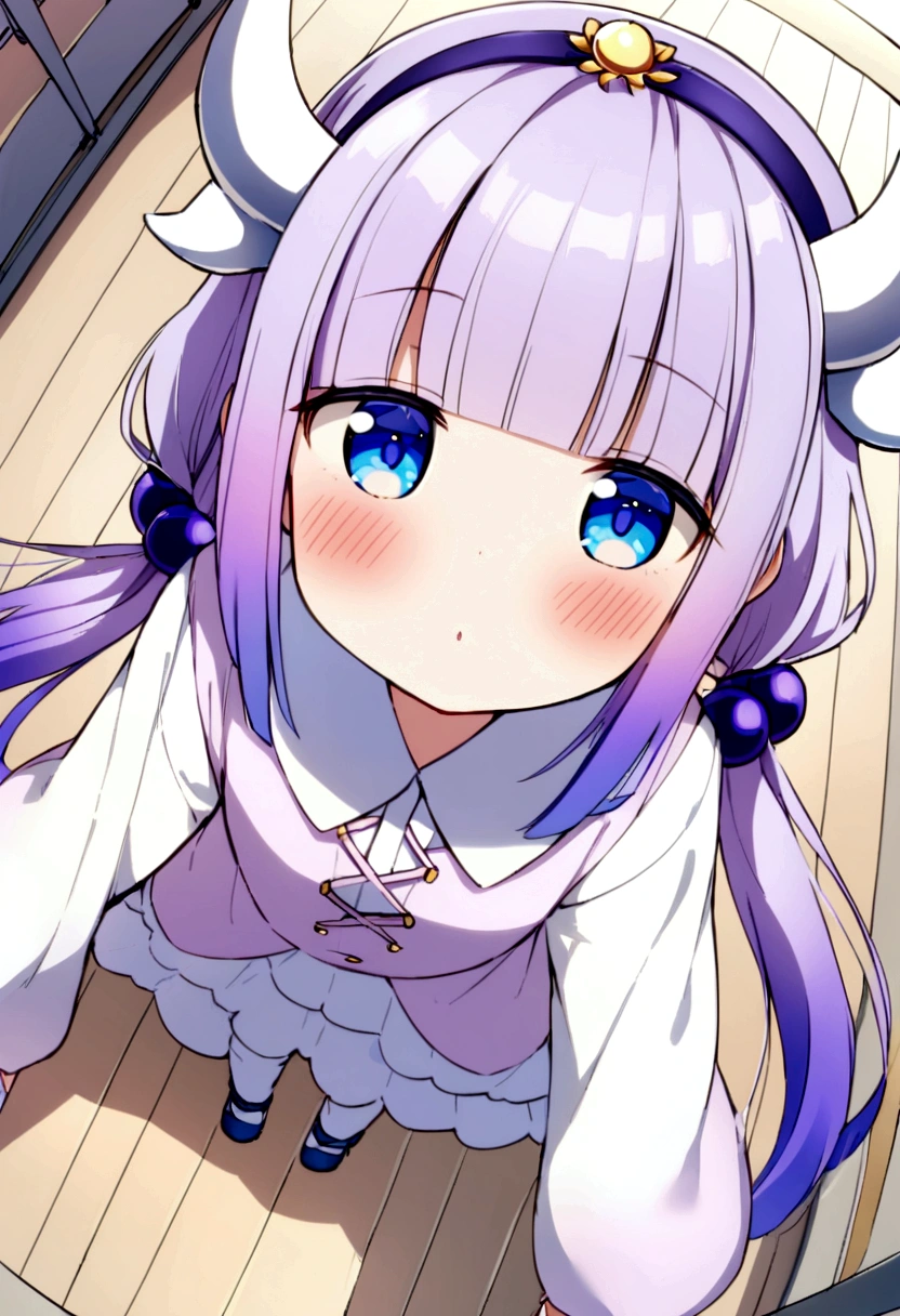 {kanna_kamui_kobayashisanchinomaidragon:1.15}, long_hair, light_purple_hair, blue_eyes, hair_ornament, bangs, blush, multicolored_hair, twintails, blunt_bangs, hair_beads, beads, hairband, gradient_hair, low_twintails, horns, dragon_horns, purple_hair,child's build,bird's-eye view
