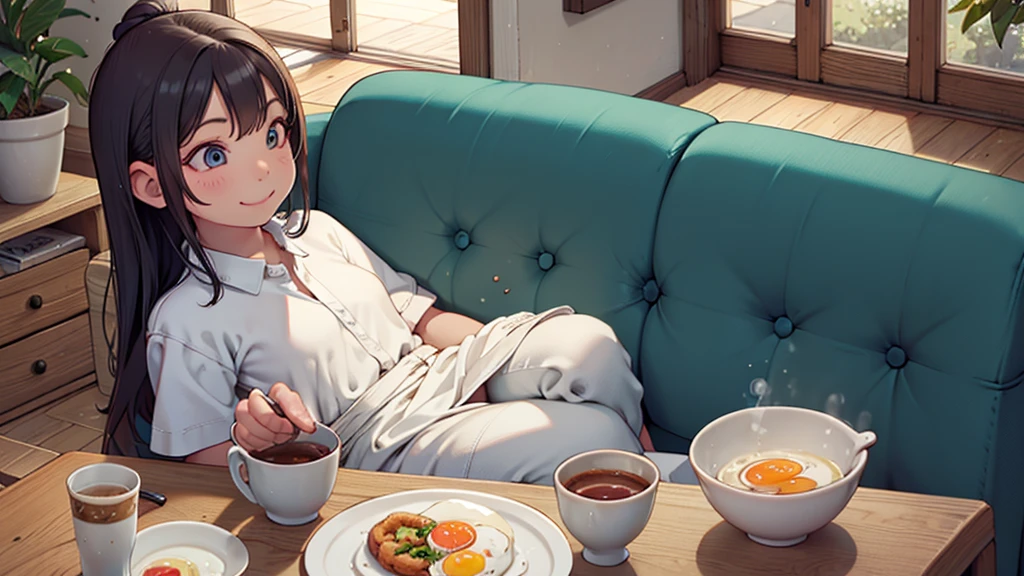 8k, {best quality}, {very aesthetic}, {ultra-detailed}, {best illustration}, in uniform, An exquisite living room bathed in the morning sun, {breakfast}, Fried eggs on the table, {{{A big smile with eyes closed}}}, Eat happily, comical, Small breasts, emo, Sit on the sofa, Put your hands together,