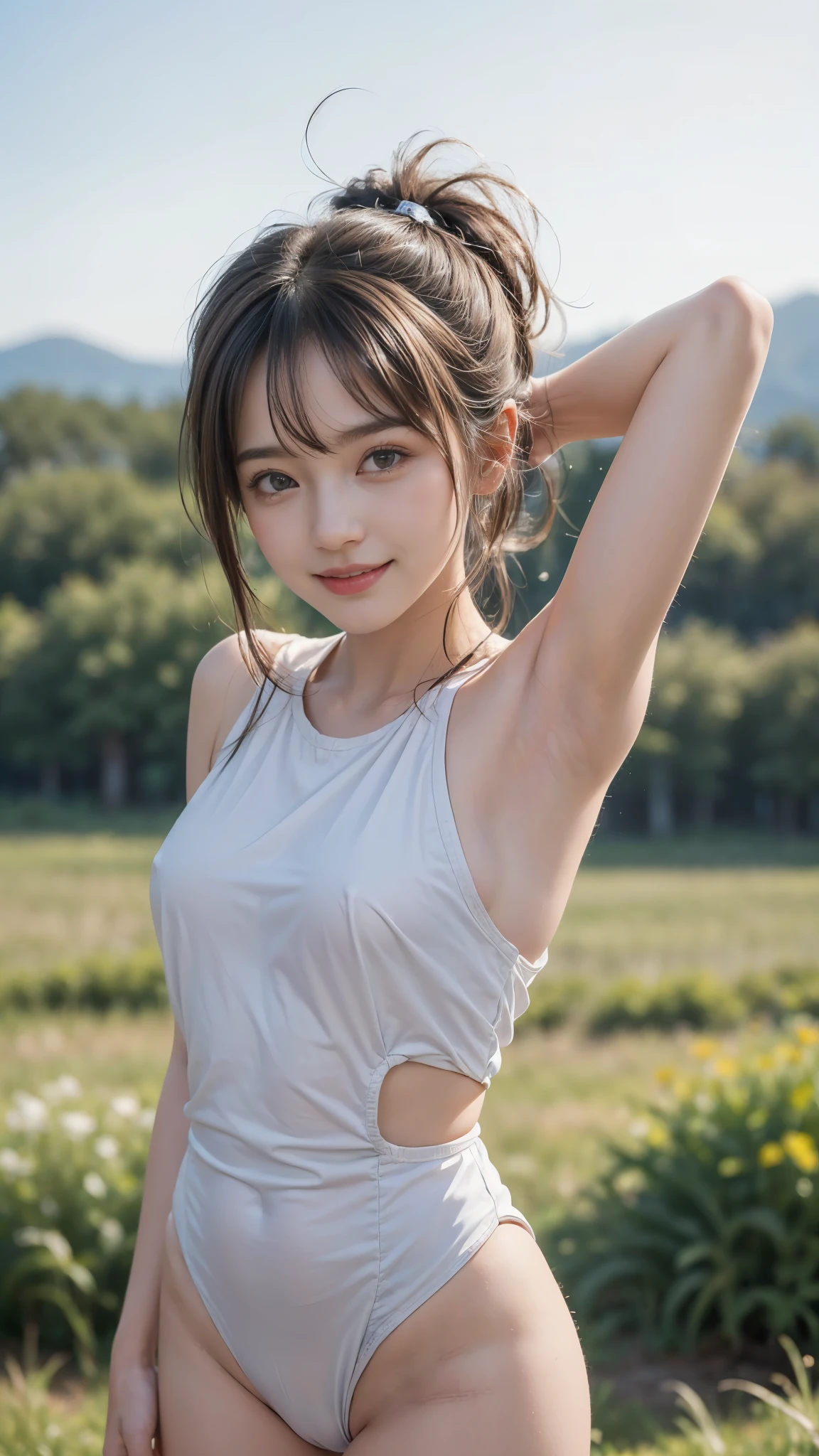(Spread your arms out to the sides and feel the breeze:1.2, Hair blowing in the wind:1.4), (beautiful girl, Baby Face:1.6, Cute face, Idol Face:1.2), (Small and slender figure), (Slender body line), (((Mysterious and beautiful god々Ishi costume:1.1))), (Smooth female body:1.2), Beautiful Skin, Small beautiful butt, Narrow waist, Thin thighs, (Highest quality, 8k, masterpiece:1.2), ((Frontal portrait:1.3)), ((Medium breast, Beautiful nipples)), ((Girl standing on the prairie)), (Detailed eyes and face:1.3), (Detailed hands:1.2), ((A fantastic atmosphere)), (Perfect Anatomy), Ultra-detailed, (Idol Smile:1.3), (View the viewer:1.3), Short Hair