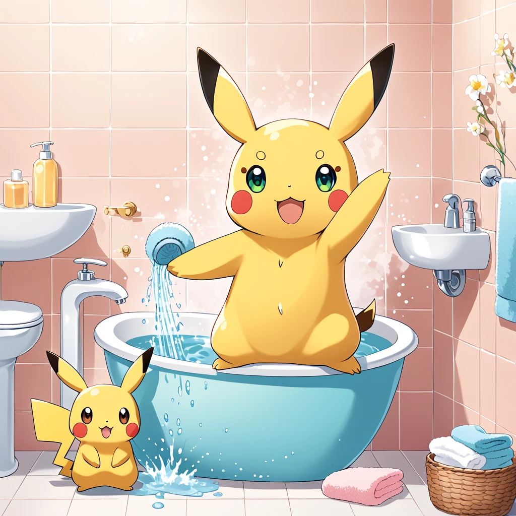 Cute Pikachu washing his face in the bathroom、pastel colour