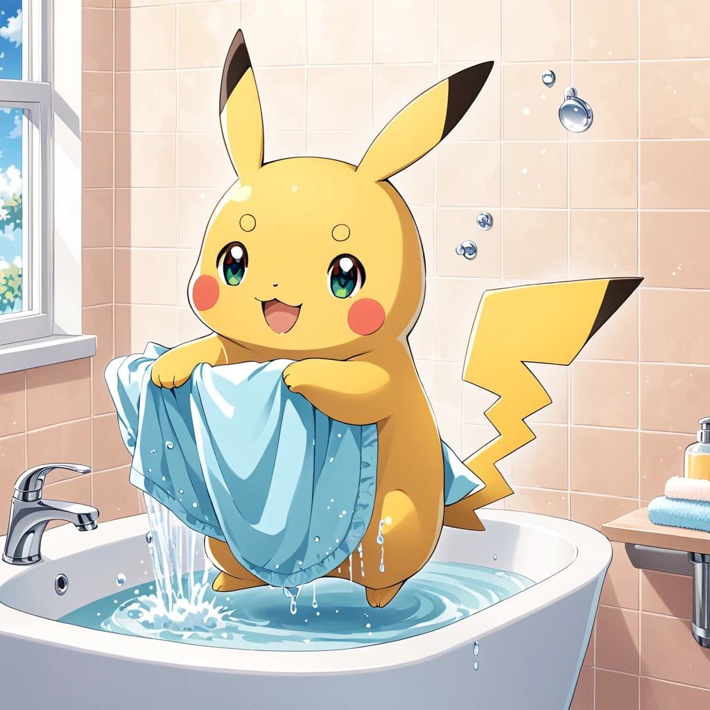 Cute Pikachu washing his face in the bathroom、pastel colour