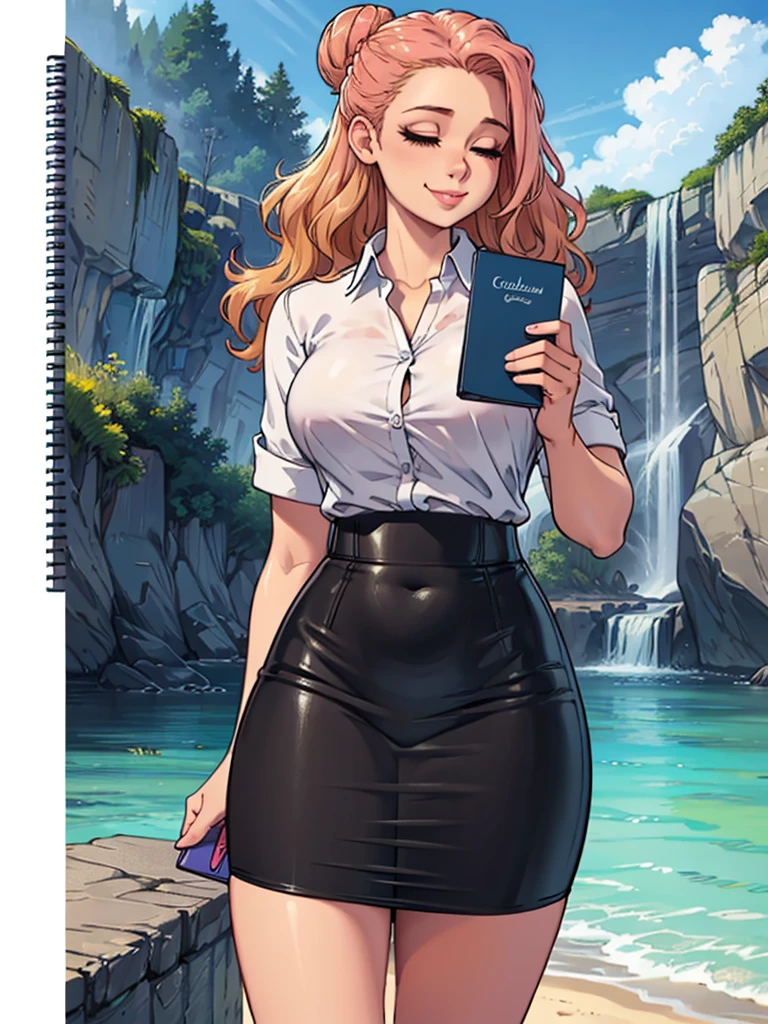 ((art by Kipteitei)), ((Masterpiece, best quality, perfect lighting, amazing shading)), (perfect anatomy, realistic proportions), field of depth, extremely beautiful, 1girl, (blond hair), long wavy hair, hair bun, closed eyes, pencil skirt, dress shirt, black tights, cute smile, ((holding pink notebook)), legs together, beach background with cliff and waterfall, detailed background, (cowboy shot),
